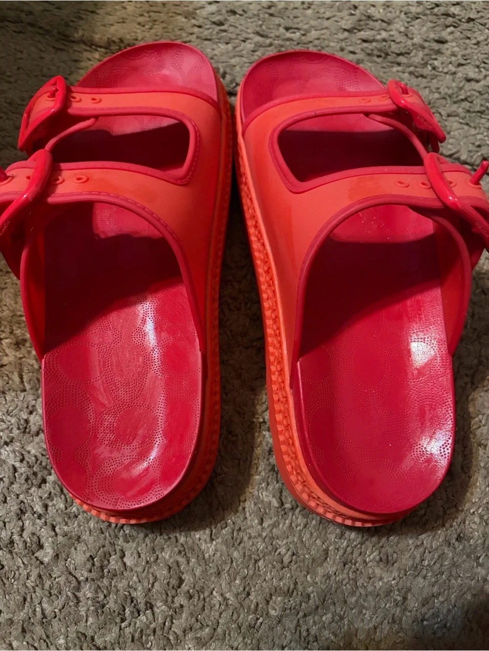 Coach Bright Red and Orange Double-Buckle Slide Sandals - Picture 2 of 6
